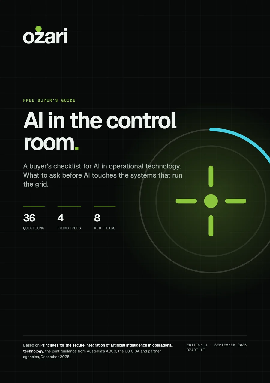 Cover of the free ozari.ai buyer's checklist, AI in the control room