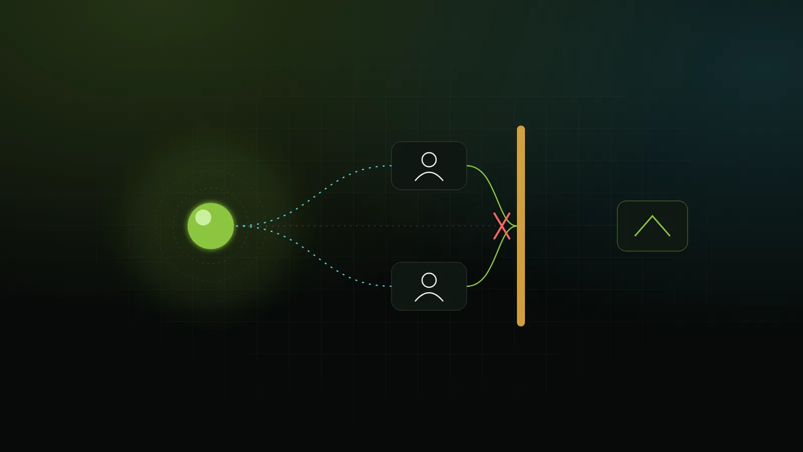 Abstract illustration of AI signals passing through a human approval point before reaching a grid control panel