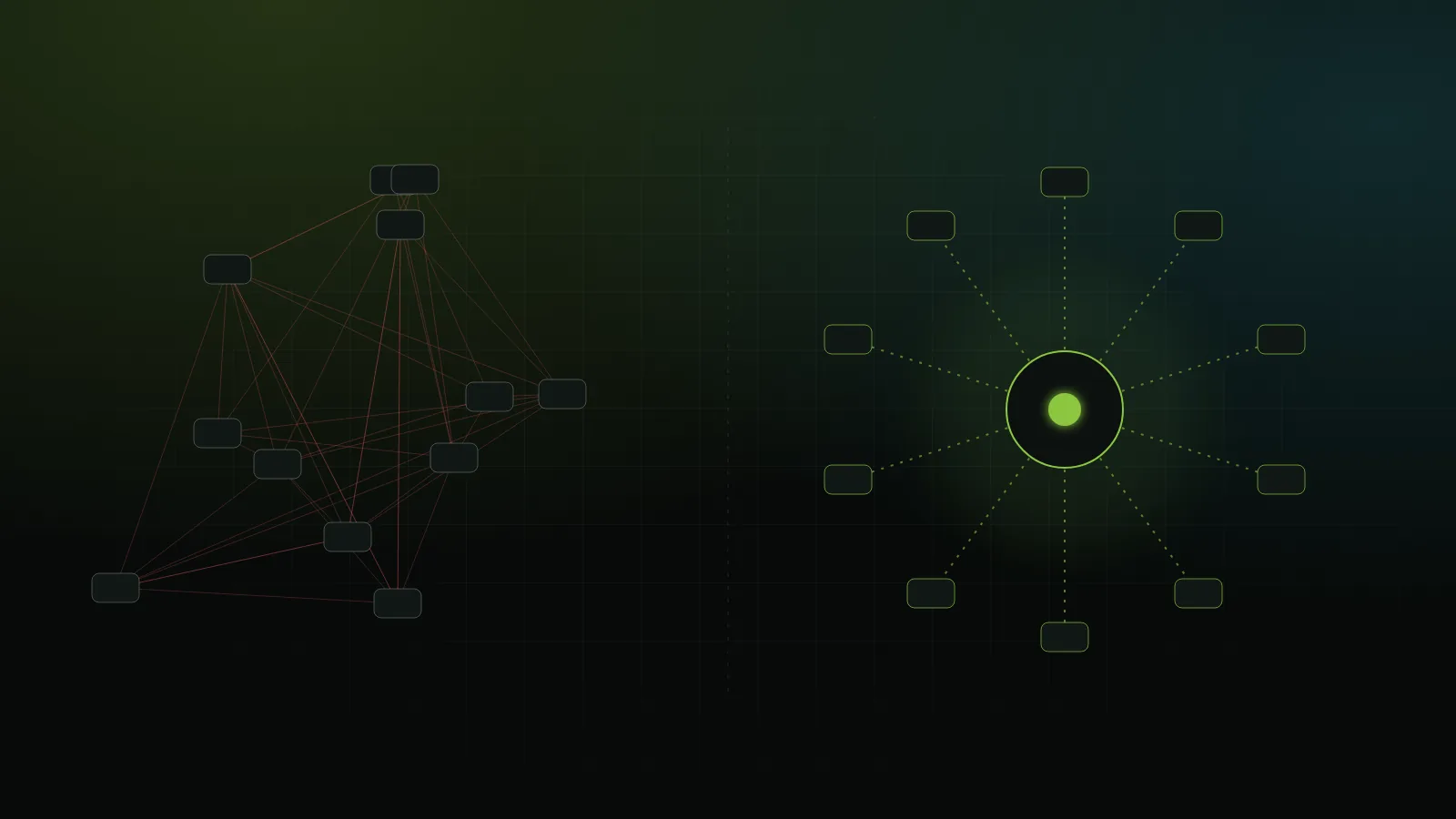 Abstract illustration of many devices joined through one shared data layer instead of tangled direct links