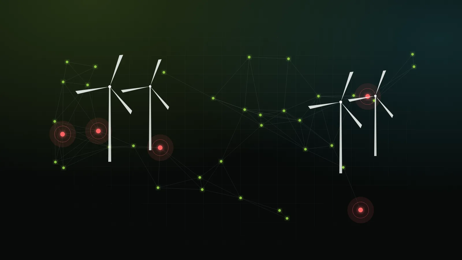 Abstract illustration of wind turbines and solar panels linked to a grid connection point, with one communication line broken