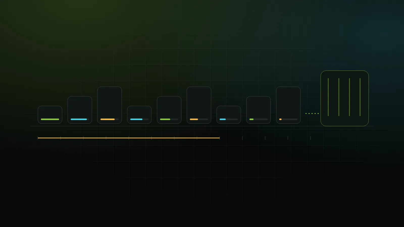 Abstract illustration of a queue of energy projects passing through model, test and approval gates